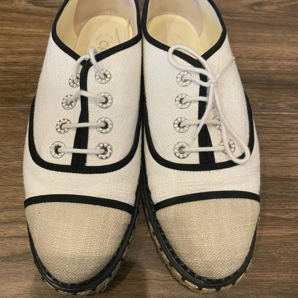 CHANEL Espadrilles Lace Up Cotton Loafers 39.5 - Picture 3 of 7
